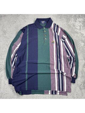 Y2K Vintage Striped Rugby Polo Shirt Long Sleeve Preppy Colorblock 00s Mens XL